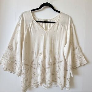 WRAP London Linen Tunic Blouse Women’s L Boho Embroidered Floral Cream Summer